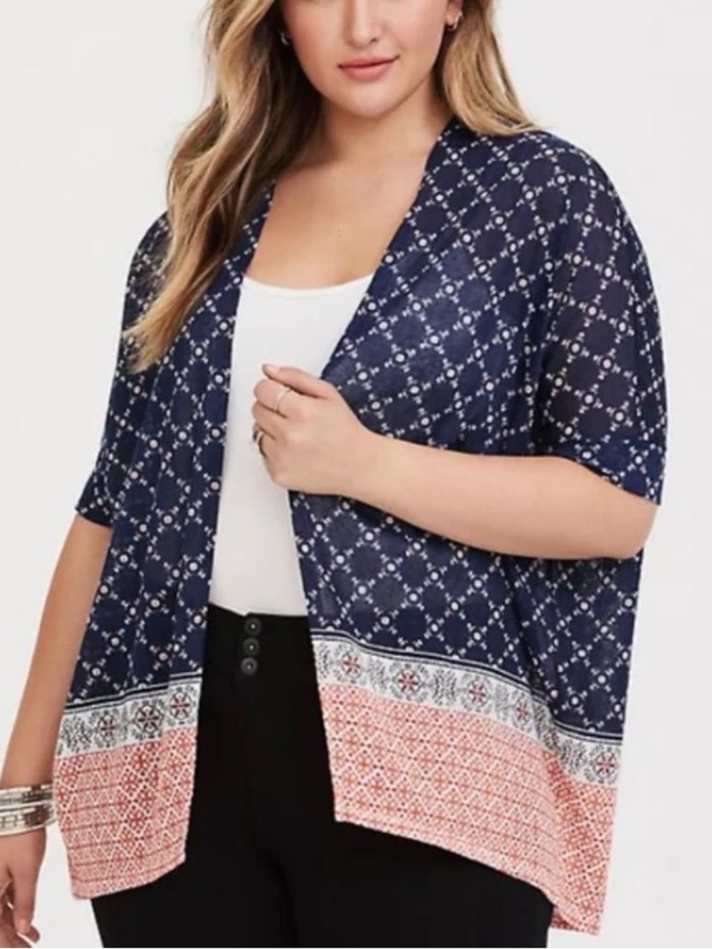 torrid Navy and Coral Floral Open Cardigan Short Sleeve Hacci Knit